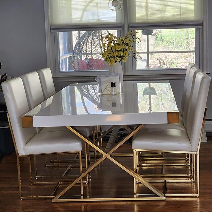 AUZ Dining Chairs, White and Gold Faux Leather Dining Chairs with Polished Stainless Steel Legs, Set of 2