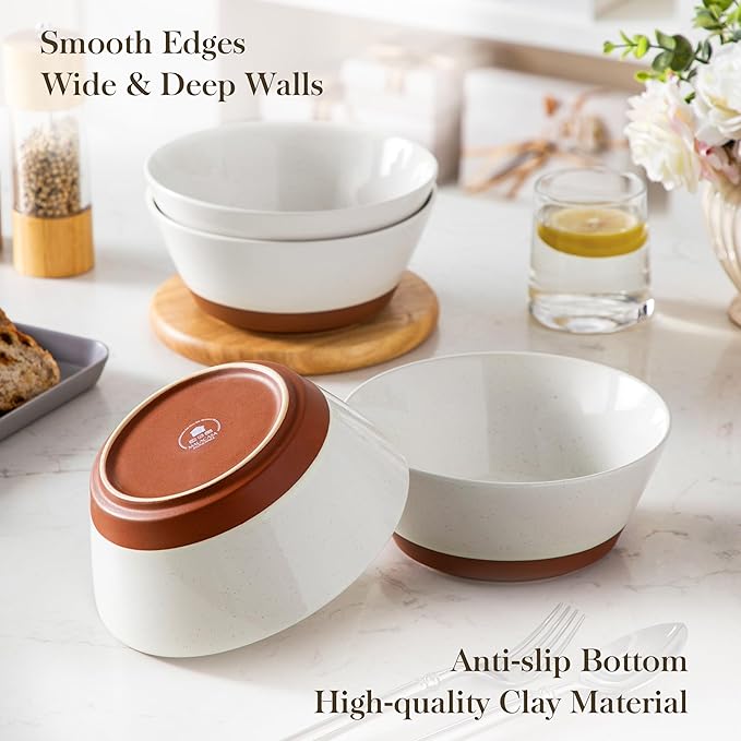 MALACASA Soup Bowls, Ceramic Salad Bowls Set of 4, 35oz Ceramic Bowls for Ramen, Cereal, Fruit and Pho, Microwave & Dishwasher Safe, Speckled Deep Bowls, Vanilla White & Brown