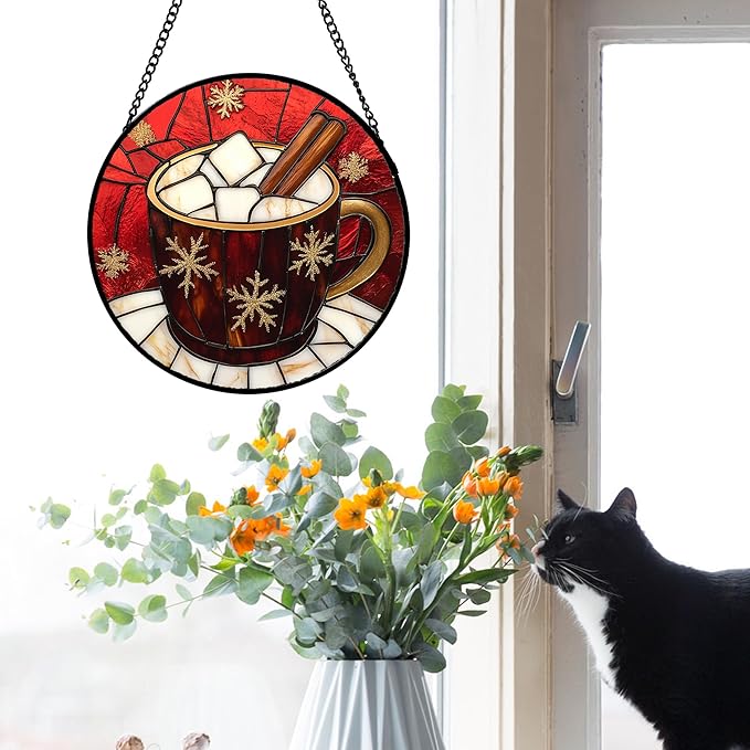 Stained Glass Window Hanging 4 Pcs Set Red Christmas Themed Decorations 7.8" - Suncatcher Door Garden Sun Catcher Decor Birthday New Year for Mom Woman Nana Men
