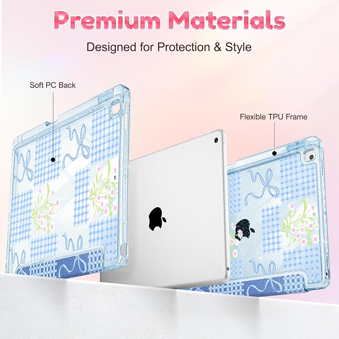 Mektron Sparkly Case for iPad 10.2 inch Glitter Tablet Cases for iPad 9th Gen 2021/8th Gen 2020/7th Gen 2019 Cover with Shiny Clear Back Shell Foldable Bling Smart Cover Blue Floral