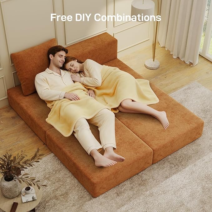 Living&Giving Cloud Sectional Couch for Living Room, Modular Boneless Couch with 1 Ottoman, Middle-seat Can Be Combined with Modular Sofa, Customizable Layout for Any Space, Orange