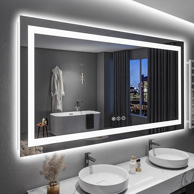 YEELAIT 60x36 Inch LED Bathroom Mirror with Lights Front and Backlit Lighted Vanity Mirror for Bathroom Wall with 3 Colors Dimmable Anti-Fog Memory Shatter-Proof IP54 Waterproof Horizontal/Vertical