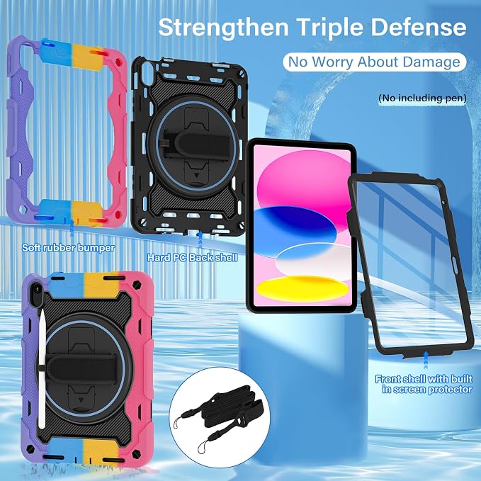 for iPad 9th 8th 7th Gen Case 10.2 inch with Screen Protector | 360° Rotating Kickstand Hand Strap Shoulder Strap Heavy Duty Military Grade - Kids Friendly