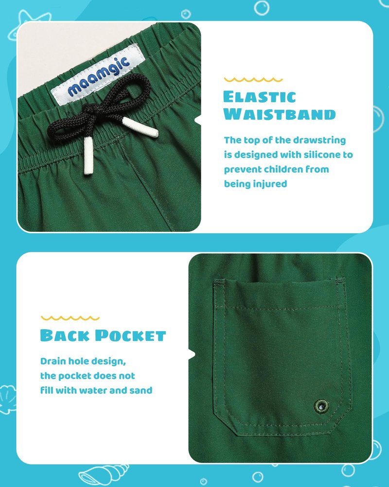 maamgic Boys Swim Trunks with Compression Liner Toddler Stretch Swim Shorts Quick Dry Swimming Trunks Boxer Brief 2 in 1 Beach Shorts Dark Green 3T