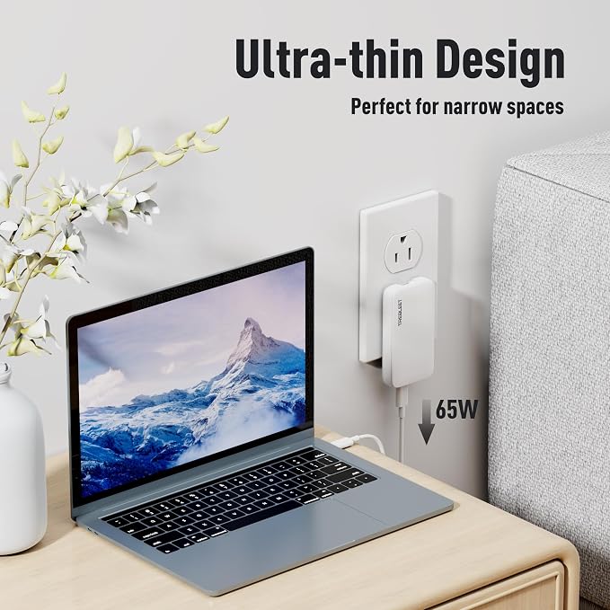 65W Ultra-Thin Flat USB C Wall Charger TREBLEET GaN Fast Charging Block with Foldable Plug Dual Port (USB C+A) PD 3.0 for MacBook Pro/Air iPhone 16/17 Galaxy S25/S26 iPad Pro Pixel 9 XPS