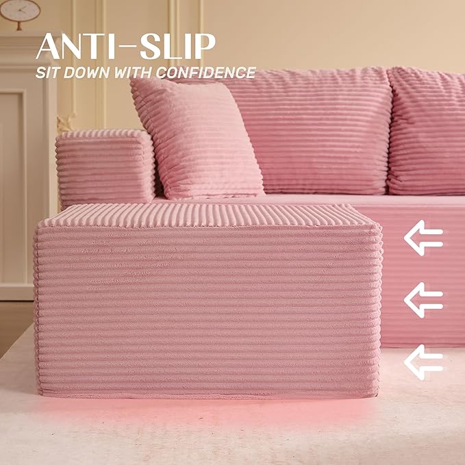 107" Boneless Couch with Deep Seat, Modular Sectional Sofa, Cloud Sectional Couch for Living Room, No Assembly Required, Corduroy, L-Shape Right Pink