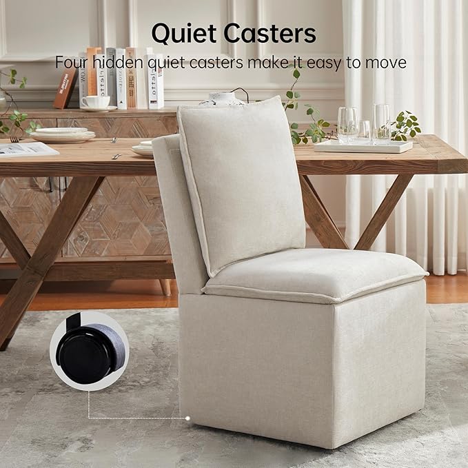 VKNOW Upholstered Dining Chairs Set of 4, Modern Rolling Chairs with Wheels and Storage, Linen Armless Chair with Backrest and Cushion, Dining Room Chairs for Living Room Kitchen Bedroom, Light Grey