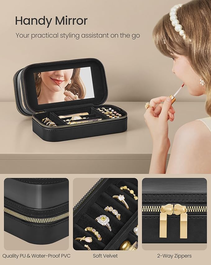 SONGMICS Makeup Bag with Mirror, with Jewelry Storage, Travel Makeup Bag, with Separate Brush Storage Pouch, Transparent Window, 8.7 x 4.7 x 4.7 Inches, Gift Idea, Ink Black UJKA026B01