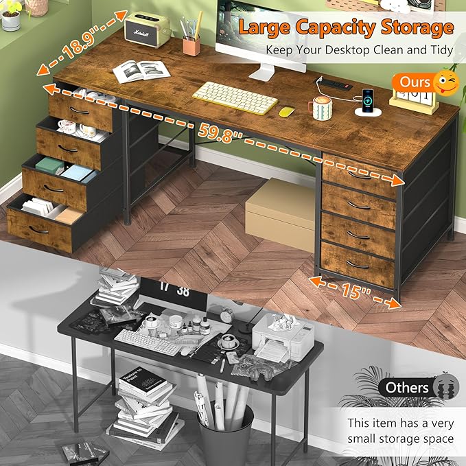 60 Inch Computer Desk with 8 Drawers, Home Office Desk with Power Outlets, Work Study Gaming Desk with 8 Fabric Drawers, Rustic Brown