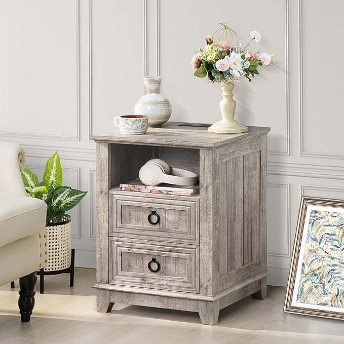 18" Farmhouse Night Stands Set of 2 with Charging Station, 2 Drawers End Table Dresser for Bedroom, Oak Wooden Nightstand, Bed Side Table with Open Shelf, Bedside Cabinet for Living Room