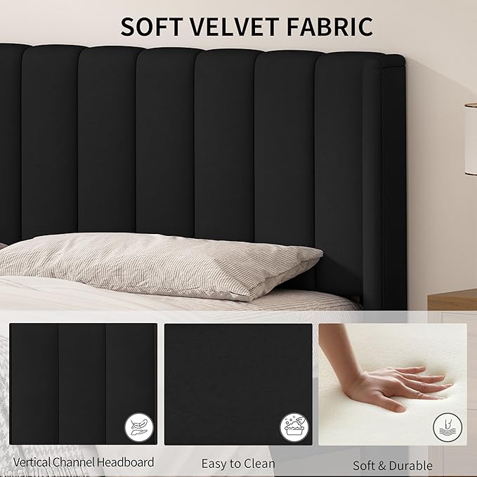 Queen Size Upholstered Platform Bed Frame with Modern Wingback & Vertical Panel Headboard, Linen Fabric, Wooden Legs & Slats Support, No Box Spring Needed, Noise-Free & Easy Assembly, Black