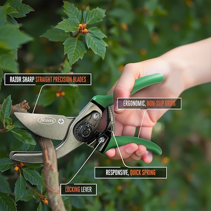 Scotts 8 in. Bypass Pruning Shears – 1/2 in. Cutting Capacity; Gardening Hand Pruner with Sharp Carbon Steel Blade and Non-Slip Grip – Lightweight Garden Tool for Live Plants and Soft Stems