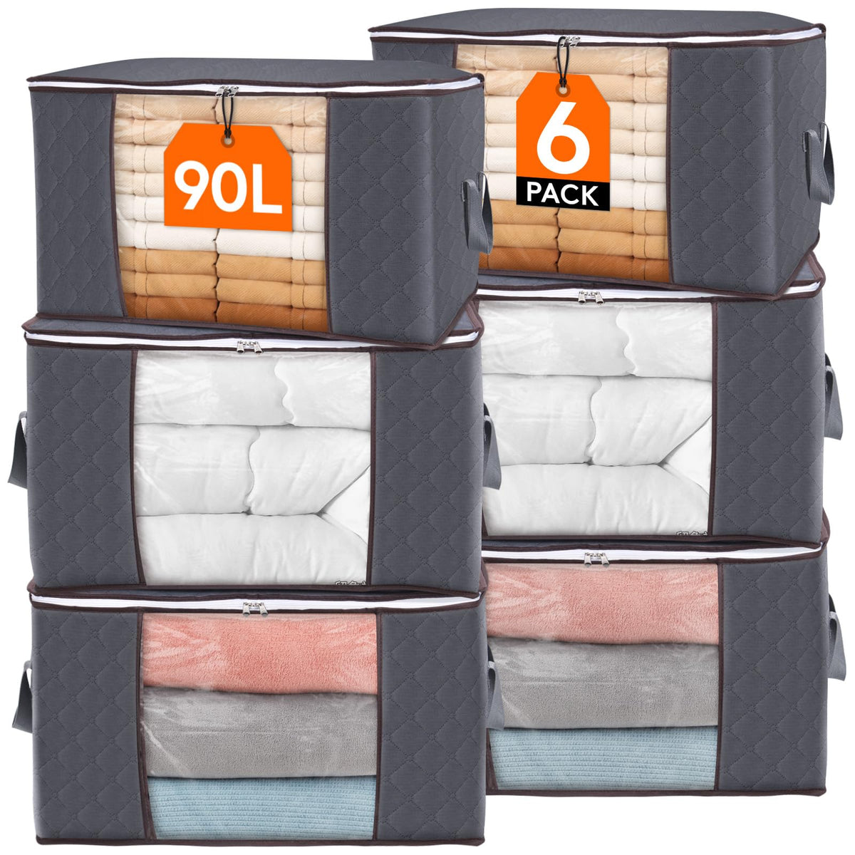 Lifewit 90L Large Storage Bags, 6 Pack Closet Organizers and Storage, Clothes Storage Bins with Lids, Foldable Storage Containers with Reinforced Handles for Clothing, Blanket, Bedding, Comforter Gray
