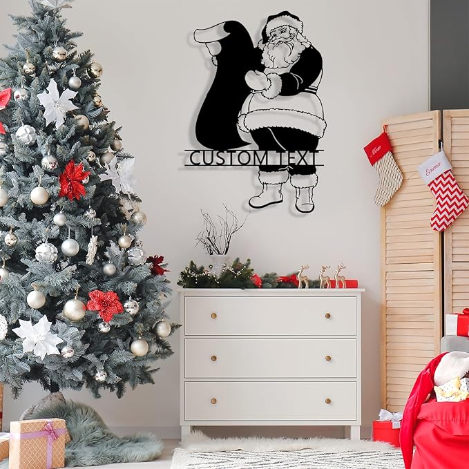 Personalized Christmas Santa Claus Metal Sign, Custom Name Santa Claus Metal Sign Wall Decor, Merry Christmas Holiday Wall Decoration for Home Living Room, Bedroom, Office, Garden, Porch