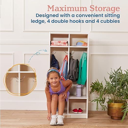 ECR4Kids 2-Section Coat Locker with Bench and Cubby Storage, Classroom Furniture, White Wash