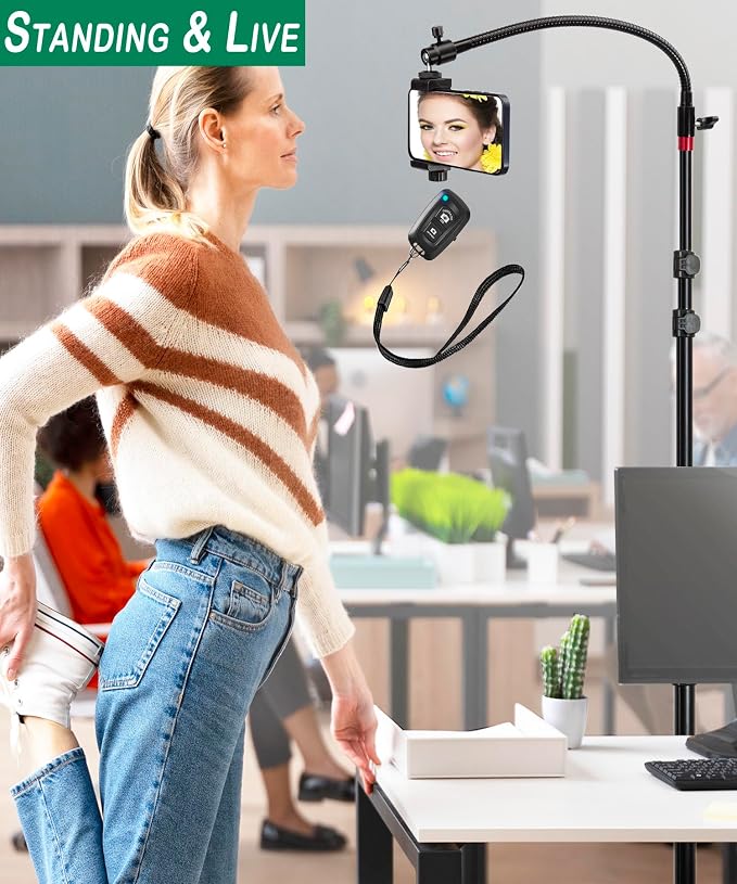 Tall Video Cell Phone Mount with Height Adjustable Stand Heavy Base 360 Head - Compatible with iPhone 16 16 Pro Max 16 Plus 15 14 13