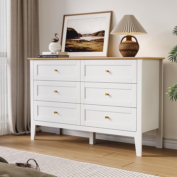 6 Drawers White Dresser for Bedroom, 47" Wide Wood Modern Chest of Drawers, Shaker Style, Modular Dresser TV Stand for Bedroom, Living Room, Hallway (White)