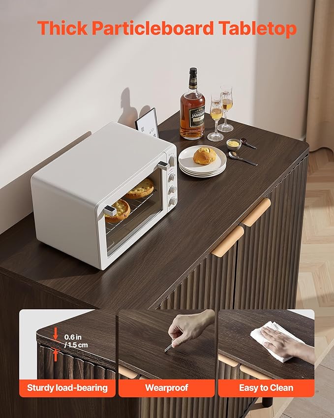 VEVOR Buffet Cabinet, Sideboard Cabinet with 2-Tier Storage, Coffee Bar Cabinet with Adjustable Shelves, Fluted Sideboard Buffet for Hallway, Entryway, Living Room, or Kitchen, Walnut
