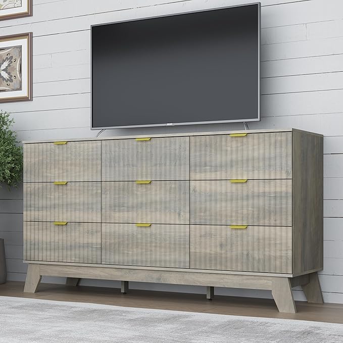 Fluted 9 Drawer Dresser, 57.1" Wide Modern Boho Chest of Drawers, Wooden Storage Dresser TV Stand for Bedroom, Living Room, Closet, Hallway, Curved Profile Design