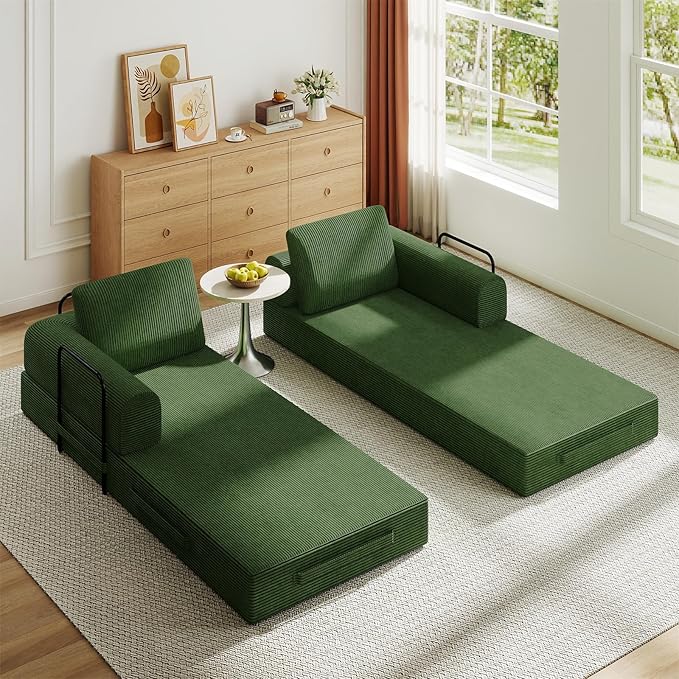 Antetek Convertible Sofa Bed, Comfy Corduroy Fluffy Love seat Sleeper Sofa, 5 in 1 Folding Couch Bed, Fold Out Floor Couch with Pillows for Bedroom, Living Room, Office, Pinstripe, Green