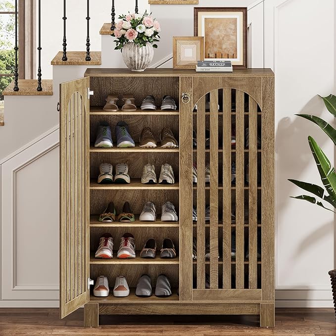 Tribesigns Shoe Cabinet with Shutter Doors, 6-Tier Shoe Storage Cabinet, Entryway Shoe Rack Organizer with Adjustable Shelves for Living Room, Bedroom, Natural Wood