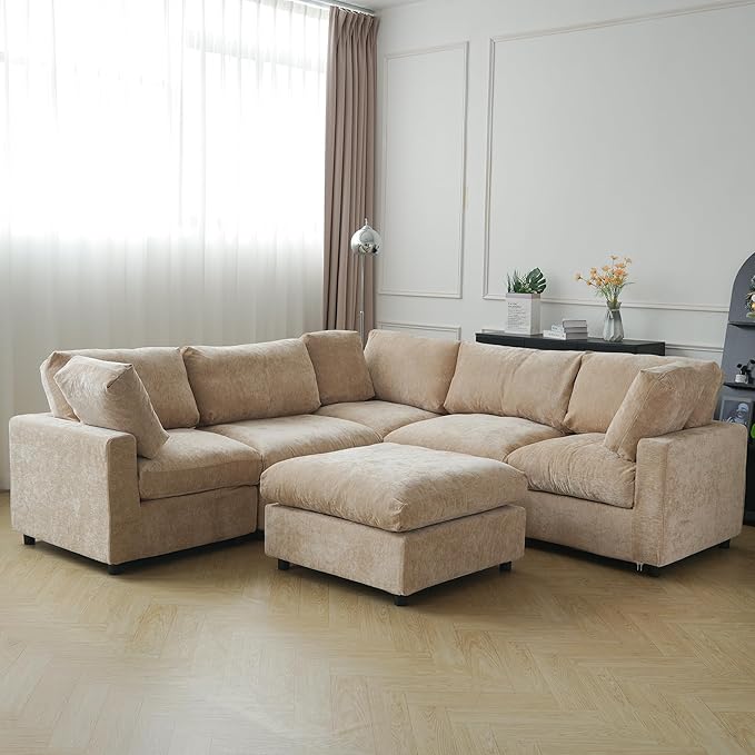 JACH V Shape Sectional Couches with Chaise Ottoman, Convertible Modular Sofa, Cloud Sectional Couch, Sofa Covers Washable, Minimalist Couch for Living Room, Apartment, Khaki