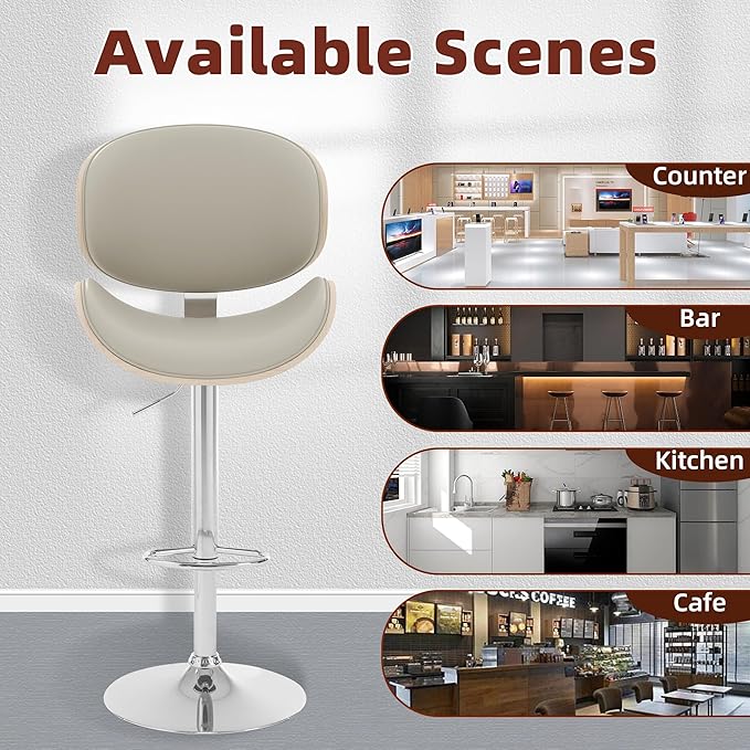 civama Bar Stools 1 PC for Kitchen Counter, Adjustable Bar Height Chairs, Modern Swivel Barstools with Bentwood Seat and Back with Footrest for Kitchen Island, Dining Room, Grey PU Leather