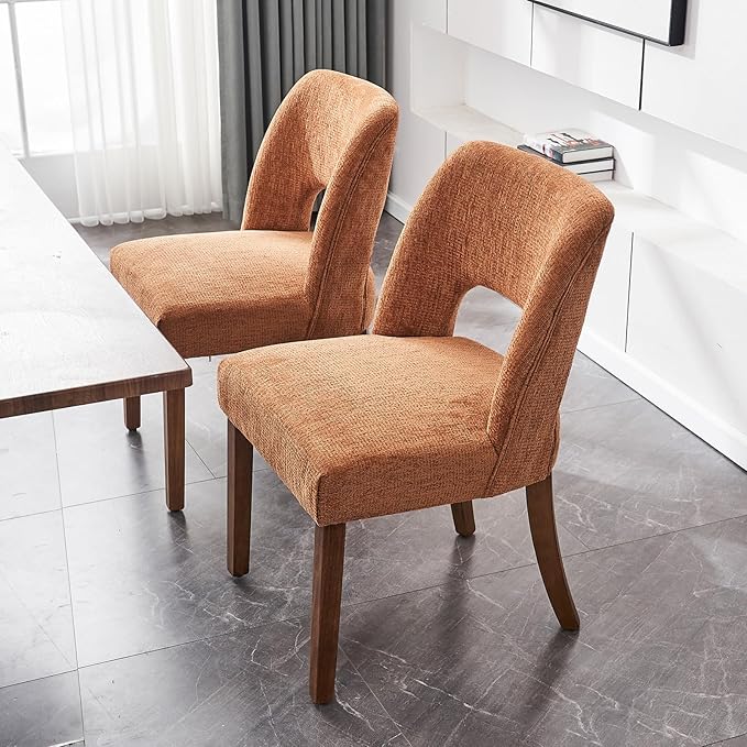 VKNOW Wooden Dining Chairs Set of 2, Modern Fabric Upholstered Dining Room Chair Kitchen Chairs, Farmhouse Dinner Chair for Kitchen Dining Room, Orange