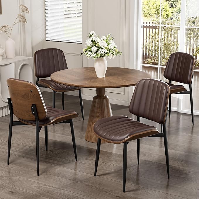 Dining Chairs Set of 2, Mid-Century Modern Upholstered PU Leather Chairs with Walnut Bentwood Back and Metal Legs Adjustable Feet for Kitchen Dining Living Room, Dark Brown Vertical Stripes