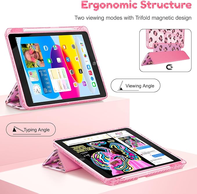 Mektron Sparkly Case for iPad 10.2 inch Glitter Tablet Cases for iPad 9th Gen 2021/8th Gen 2020/7th Gen 2019 Cover with Shiny Clear Back Shell Foldable Bling Smart Cover Blue Floral