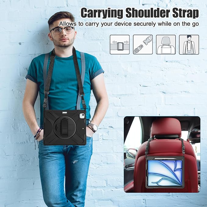 Batianda VortiGrip Case for iPad Air 11 M2/M3/M4 2024-2026 Colorful Blue | Heavy Duty Triple-Layer Rugged Case with 360° Rotating Hand Strap Foldable Hidden Stand Shoulder Strap and Pencil Holder