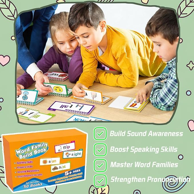 30 Read and Rhyme Flip Books, Word Family Build Book, Learn to Read Phonics Flash Cards, ABC Vocabulary Flash Cards, Kindergarten Sight Words for Preschool Learning Activities and Reading Games