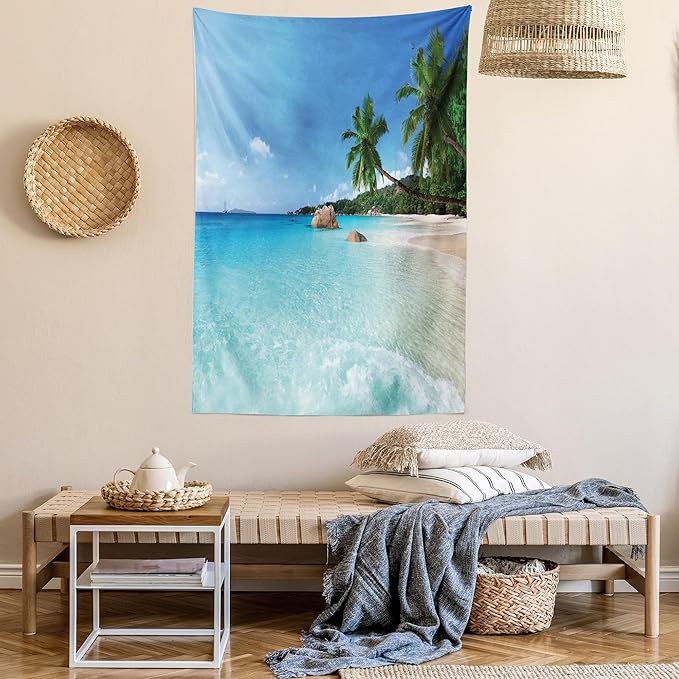Ambesonne Ocean Tapestry, Anse Lazio Beach at Praslin Island Surfing Beach Scenic View Travel, Fabric Wall Hanging Decor for Bedroom Living Room Dorm, 23" X 28", Blue and Turquoise