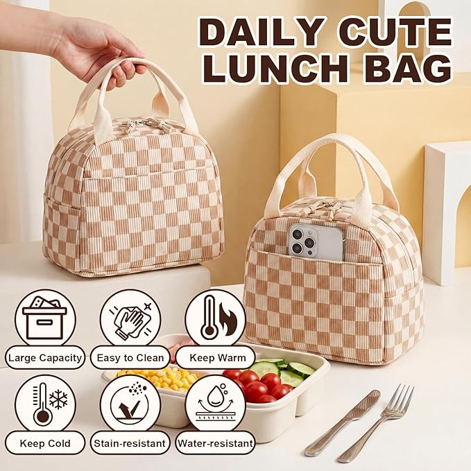 LEDAOU Insulated Lunch Bag women Corduroy Small Lunch Box for Women with Front Pocket Leakproof Cooler Checkered Cute Adult Gilrs Lunch Box for Work School Picnic
