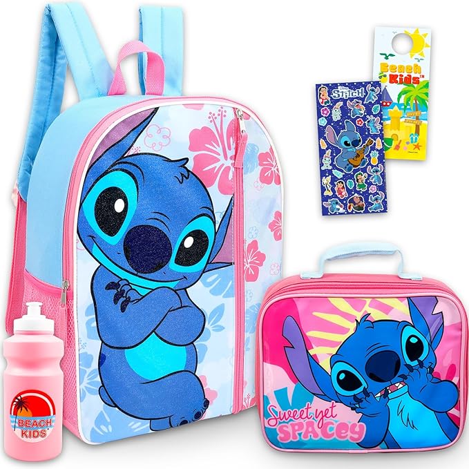 Disney Stitch Backpack and Lunch Bag for Girls, Kids - Bundle with 16" School Bag, Lunch Box, Water Bottle, Stickers, More | Lilo and Stitch Backpack with Lunchbox Set