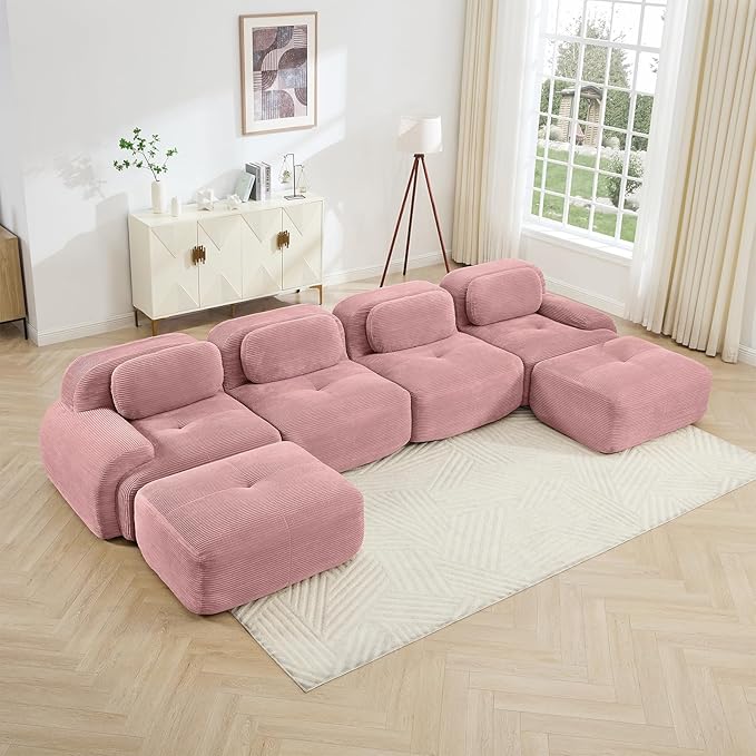 152" Modern Compressed Boneless Couch with Ottoman, 4 Seater Large U Shaped Sectional Couches for Living Room, Pink Corduroy Cloud Modular Sectional Sofa, Memory Foam, Extra Deep, No Assembly