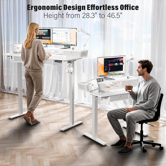 Electric Standing Desk with 4 Drawers 48''x 24'' Adjustable Height Sit to Stand Up Desk with Storage Shelf, C-Clamp Mount Compatible Black Home Office Desks Computer Gaming Table Ergonomic Workstation