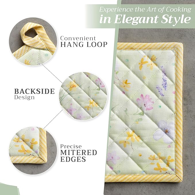 Maison d' Hermine Pot Holders Set 100% Cotton Heat Resistant Potholders 8" x 8" Hot Pads with Loop BBQ, Cooking, Baking, Grilling, Kitchen, Handling Hot Pans Spring/Summer (Pack of 2, Easter Zest)