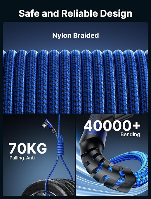 JSAUX 3-in-1 USB-C Cable 2-Pack 10FT 100W Right-Angle Fast Charging Blue | Right-Angle Braided Cables with USB-A Adapter 2 x 10 ft for iPhone 17/16/15 Galaxy S26/S25/S24 iPad MacBook Steam Dec