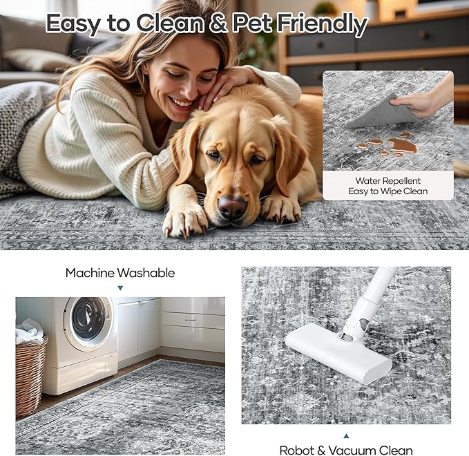 Lofus 9x12 Area Rug for Living Room,Grey Washable Large Rugs with Non-Slip Backing,Soft Neutral Carpets for Bedroom Dining Room Home Office Indoor Nursery