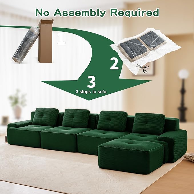 150.4'' Sectional Sofa, 32D Foam Corduroy Boneless Couch with Pillow, Deep Seat Wide Arm Sectional L Shaped Couch for Living Room, Apartment, Bedroom
