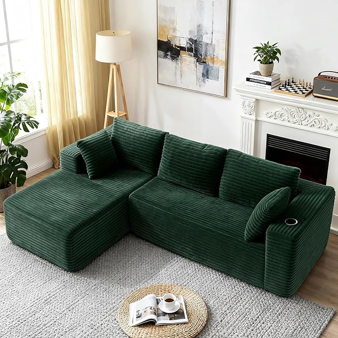 106" Cloud Couch Corduroy Modular Sectional Sofa L-Shape Boneless Couch with Wide Armrests and Cup Holders for Living Room Bedroom, No Assembly Required (Green)