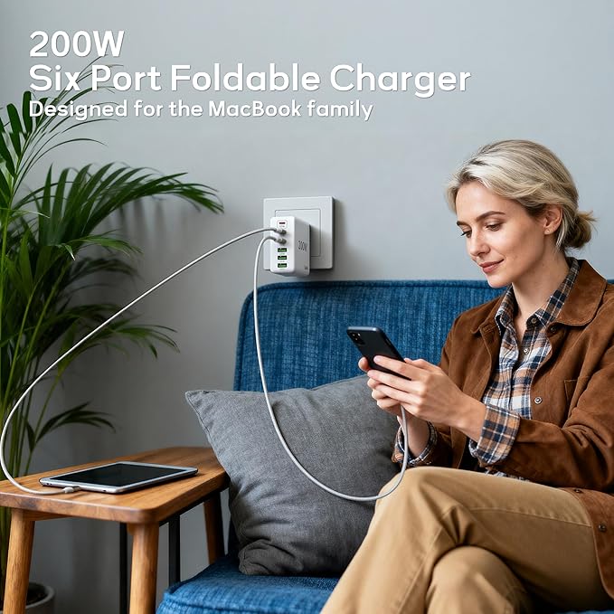 2 Pack USB C Charger Block, 200W GaN Super Fast Charger Type C iPhone 17 16 Fast Charging 6 Port Foldable PD Charging Station for All iPhone/Samsung Galaxy S25/S24/MacBook iPad
