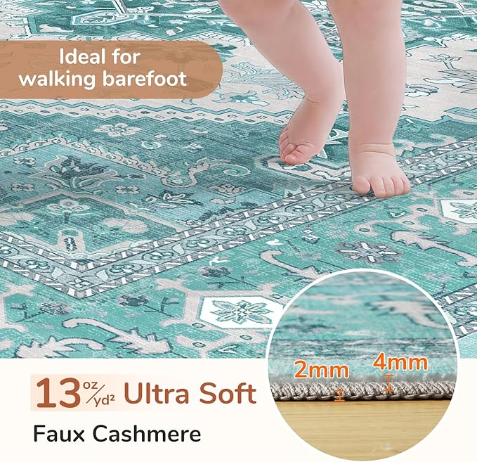 OPPODREAM Thin Area Rugs 5x7, 5x7 Washable Rug with Non Slip Backing, 5 x 7 Faux Cashmere Low-Pile Carpet, Teal & Turquoise & Cream
