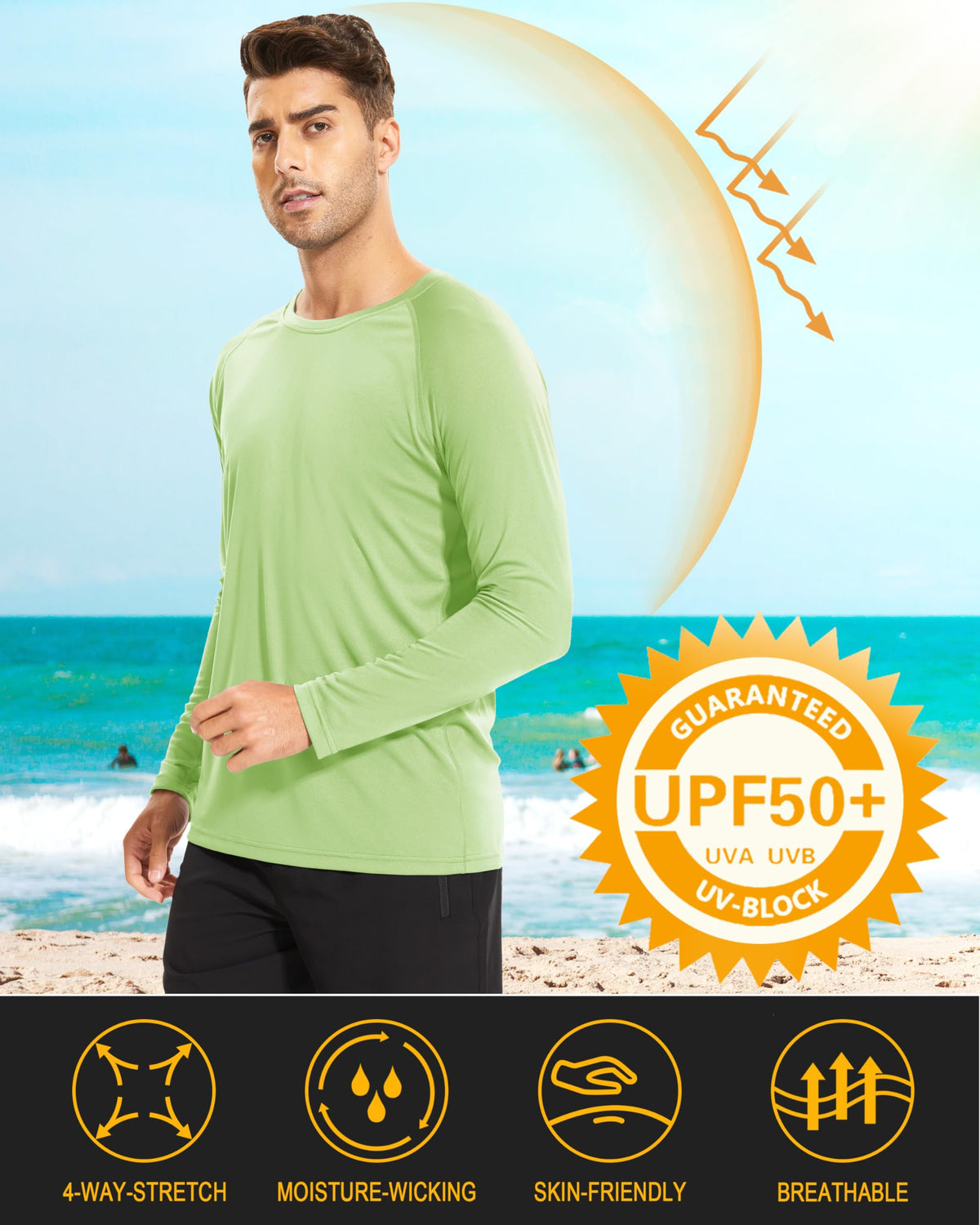 MAGCOMSEN Quick Dry Shirts for Men UPF 50 Long Sleeve UV Protection Athletic T-Shirt Rash Guard Hiking UV Shirts Light Green