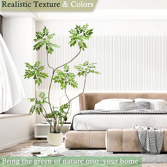 Artificial Sumac Tree：6FT Faux Mahonia Fortunei Tree Realistic Fake Floor Plant Silk Leaves & Elegant Branches in Pot Fake Plant for Minimalist Decor Indoor Home Sala Office Hotel Patio Studio