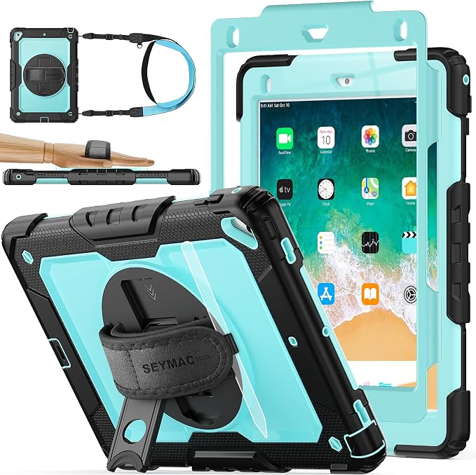 SEYMAC stock Case for iPad 6th / 5th Generation Case/Air 2 / Pro 9.7 inch Heavy Duty Protective with Screen Protector with Pencil Holder Hand Strap Shoulder Strap 360 Rotate Stand Black