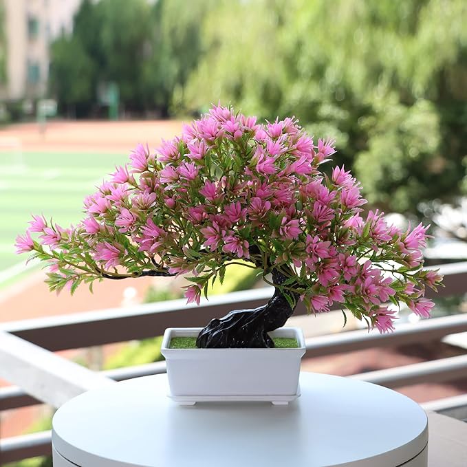 Artificial Bonsai Tree - Fake Plants for Home Decor, Bookshelf Coffee Table Office Desk Bathroom Farmhouse Indoor Decor, 9.5" Tall, Pink