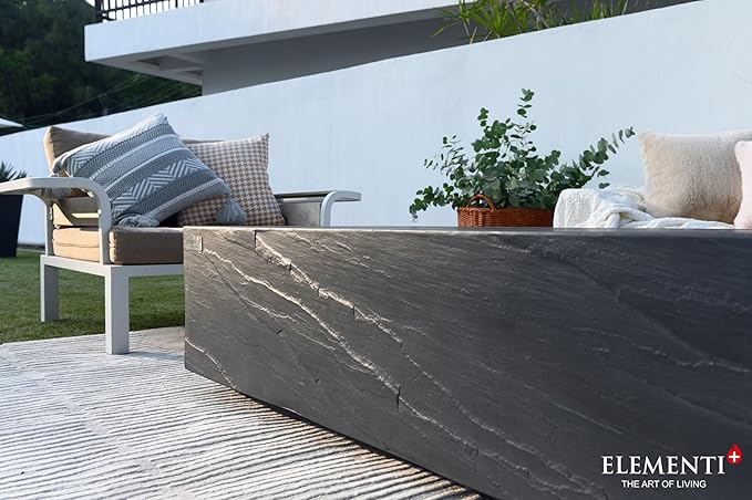 Elementi+ | Bundle Cape Town Gas Fire Pit Cast Concrete 56" Rectangular Fire Table, Outdoor Fire Pit Electronic Ignition | Canvas Cover, Fire Glass and Burner Lid Included | Dark Gray | Propane Gas