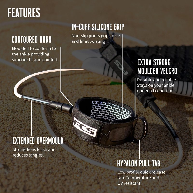 FCS 6' All Round Essential Surfboard Leash - Black | Lightweight & Durable 6ft Surf Leash for 2-8ft Waves, in-Cuff Silicone Grip, Comfortable and Supportive Ankle Strap, Easy-Release Tab